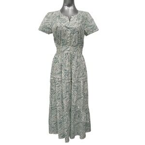 Tahari ASL Green White Geometric Print Smocked Waist Tiered Midi Dress Womens M